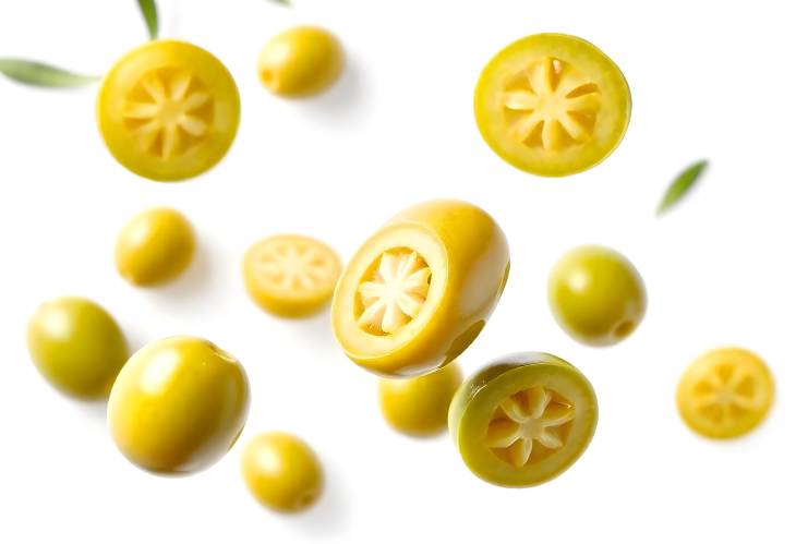 Isolated Flying Green Olives Close Up